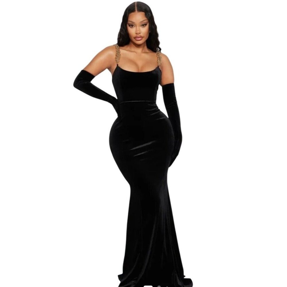 Fashion Nova Formal Black Velvet Maxi Dress Size‎ S Event Cocktail Party Long
